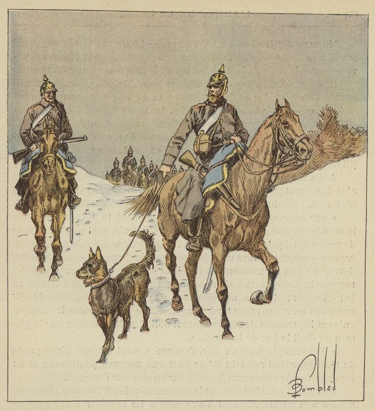 Cavaliers prussiens en reconnaissance, précédés de chiens tenus en laisse - after Louis Charles Bombled