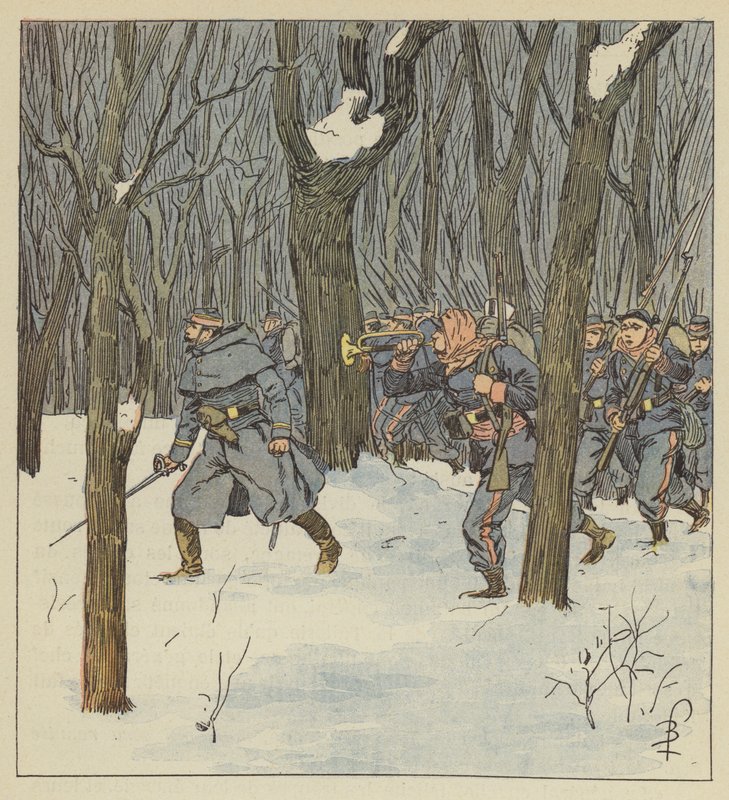 Charge à la baïonnette, sous bois, des mobiles de la Sarthe - after Louis Charles Bombled