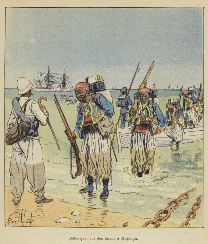 Débarquement des turcos à Majunga - after Louis Charles Bombled
