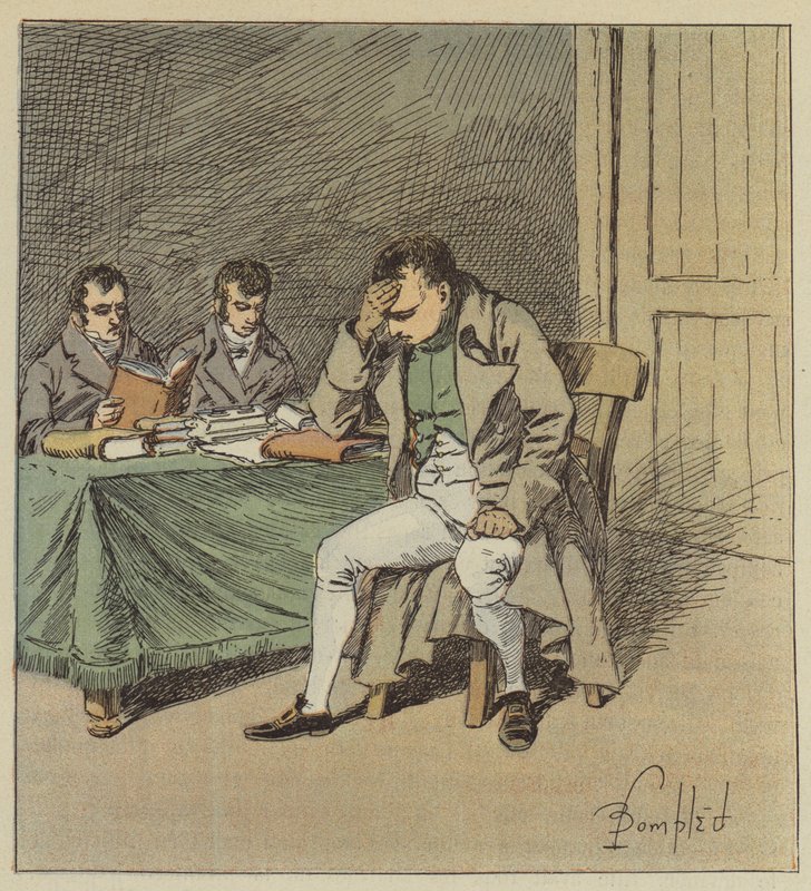 Et Napoléon a gardé le silence quelques instants, la tête appuyée sur une de ses mains - after Louis Charles Bombled