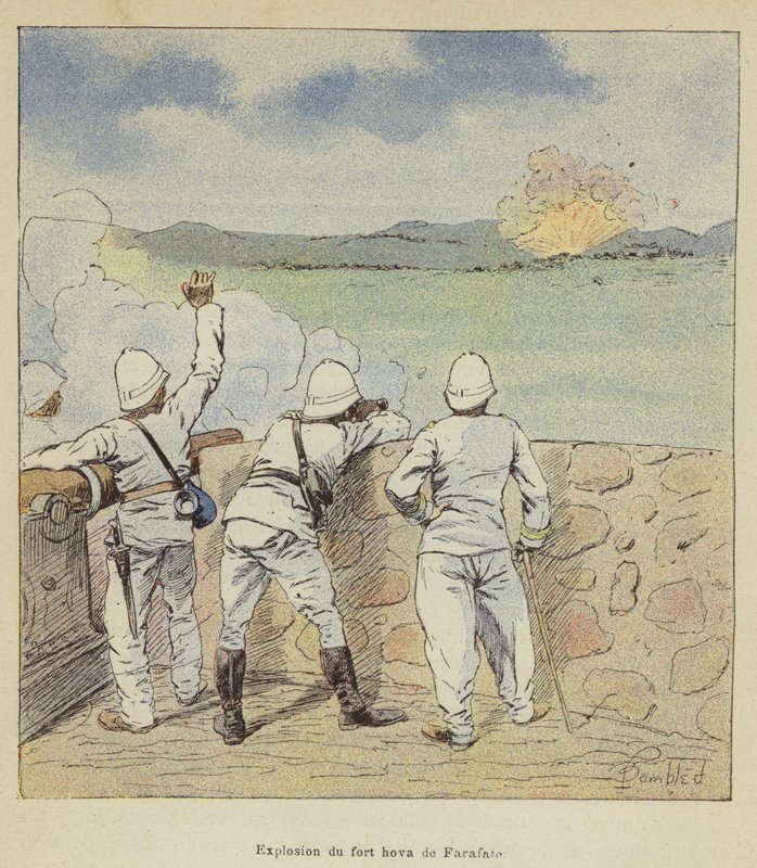 Explosion du fort hova de Farafate - after Louis Charles Bombled
