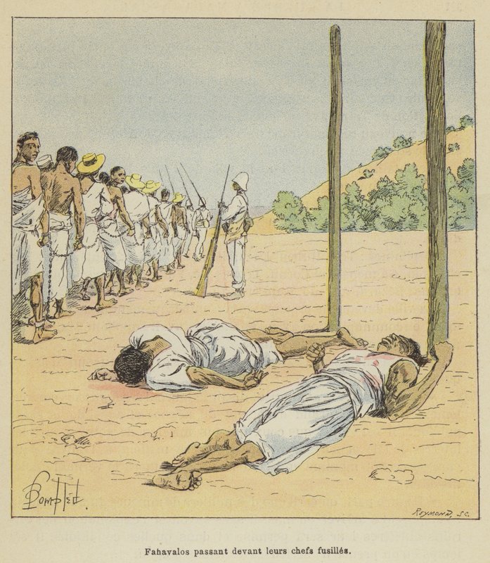 Fahavalos passant devant leurs chefs fusillés - after Louis Charles Bombled
