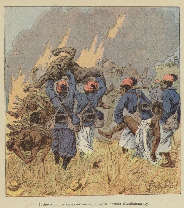 Incinération de cadavres hovas, après le combat d