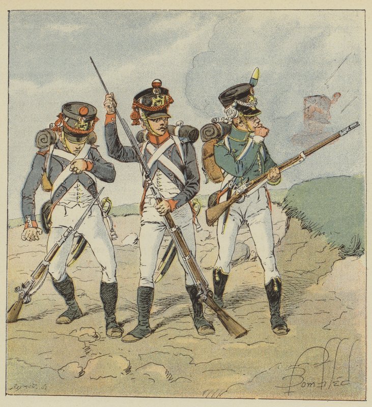 Jeune garde, 1806, Conscrit-grenadier, Tirailleur-grenadier, Flanqueur-chasseur - after Louis Charles Bombled
