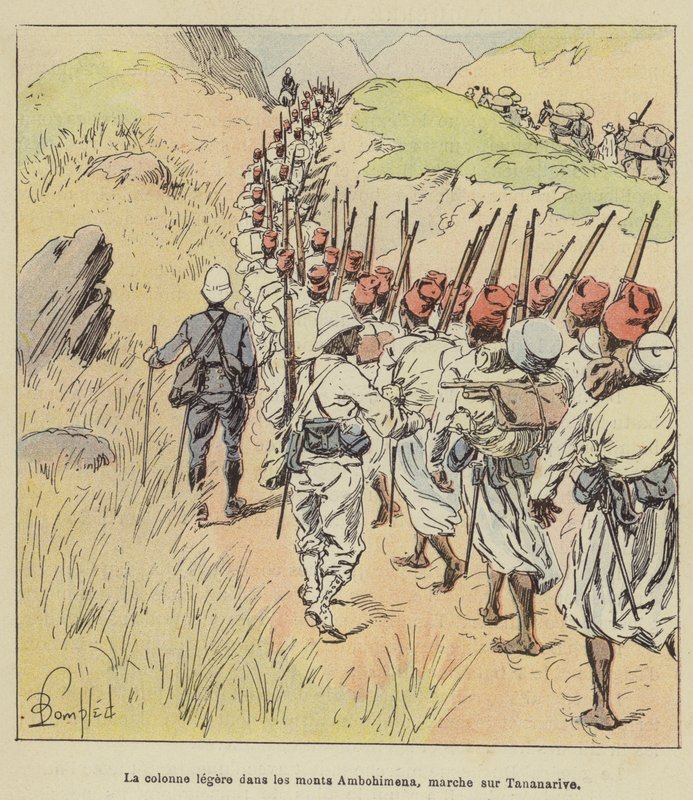 La colonne légère dans les monts Ambohimena, marche sur Tananarive - after Louis Charles Bombled