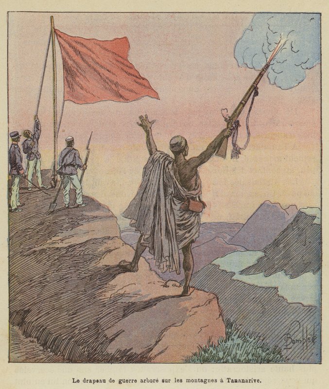 Le drapeau de guerre arboré sur les montagnes à Tananarive - after Louis Charles Bombled