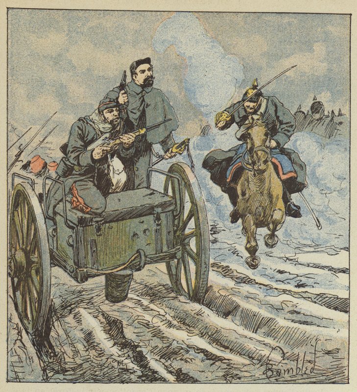 Le maréchal des logis Dufresne se défend à coups de revolver contre les cavaliers prussiens - after Louis Charles Bombled