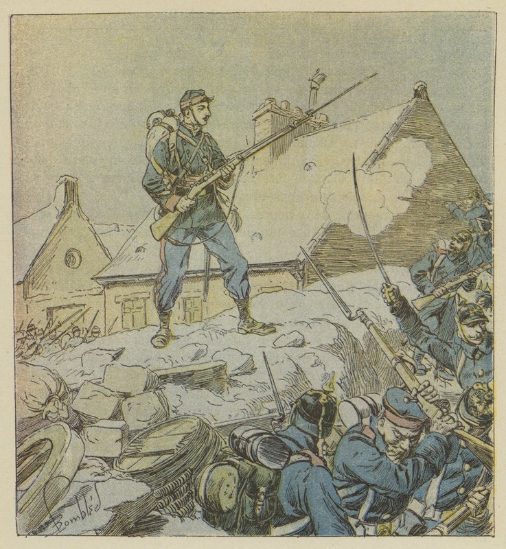Le sergent Pitou, en montant intrépidement sur la barricade de Courceboeufs, décide de la prise du village - after Louis Charles Bombled
