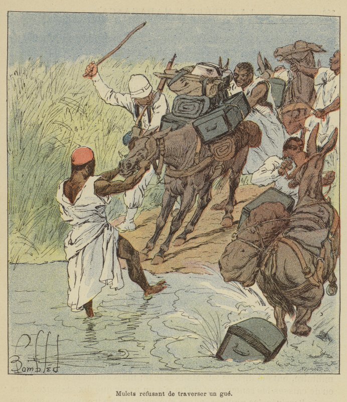 Mulets refusant de traverser un gué - after Louis Charles Bombled