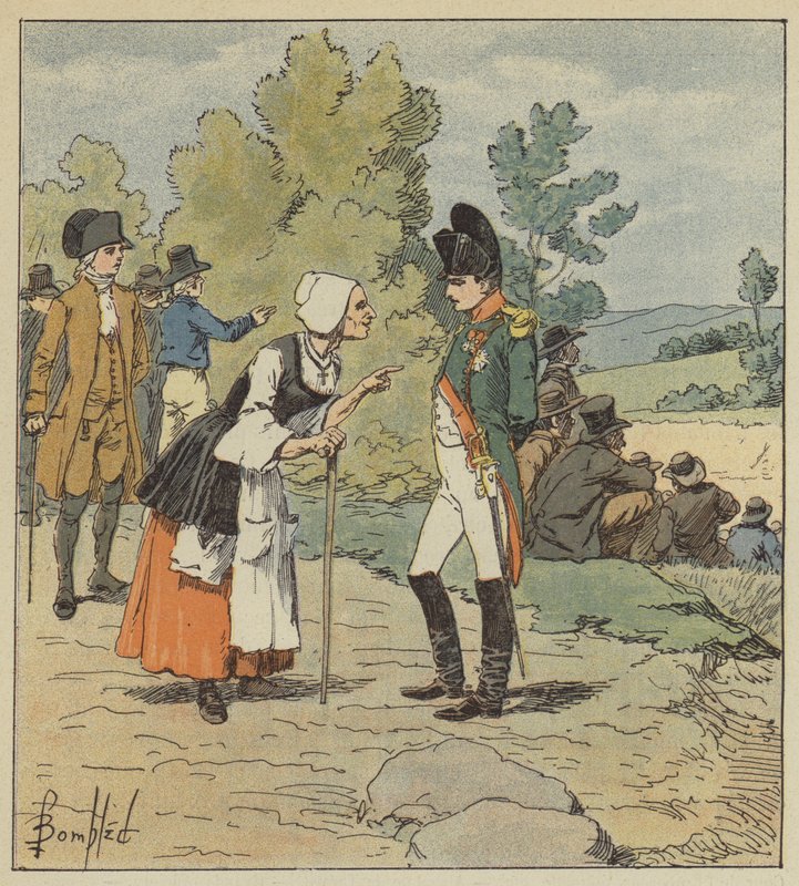 Napoléon cause avec une vieille femme de Tarare - after Louis Charles Bombled