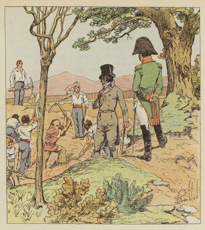 Napoléon examine les fortifications que le Gouverneur fait élever autour de Longwood - after Louis Charles Bombled