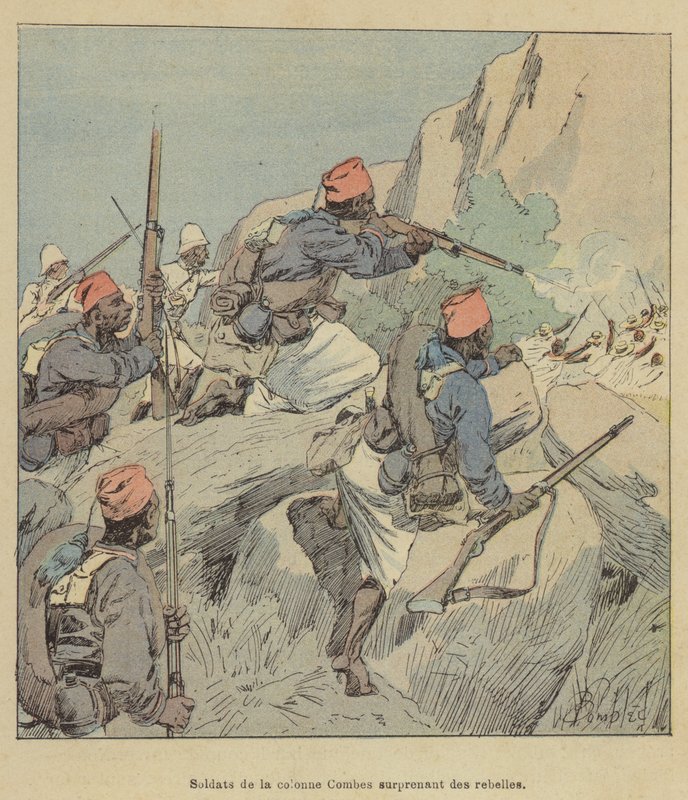 Soldats de la colonne Combes surprenant des rebelles - after Louis Charles Bombled