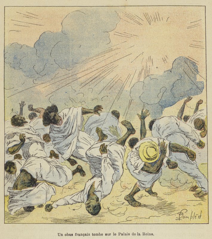 Un obus français tombe sur le Palais de la Reine - after Louis Charles Bombled