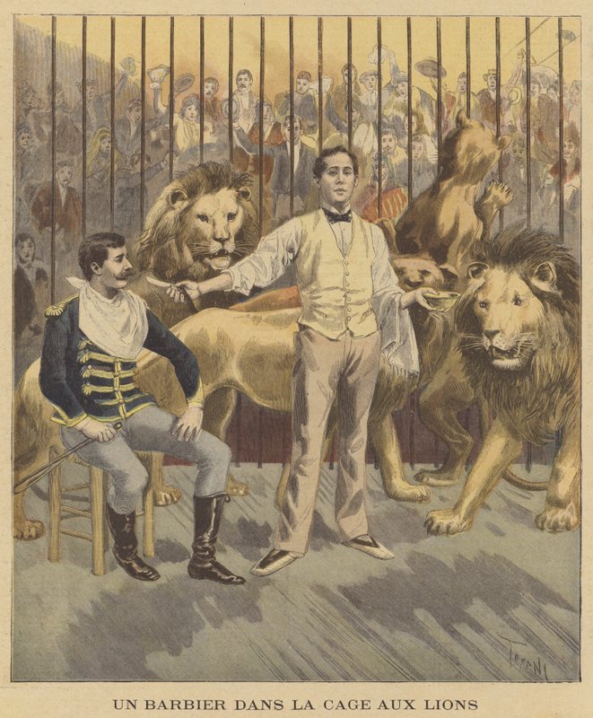Un barbier dans la cage aux lions - after Oswaldo Tofani