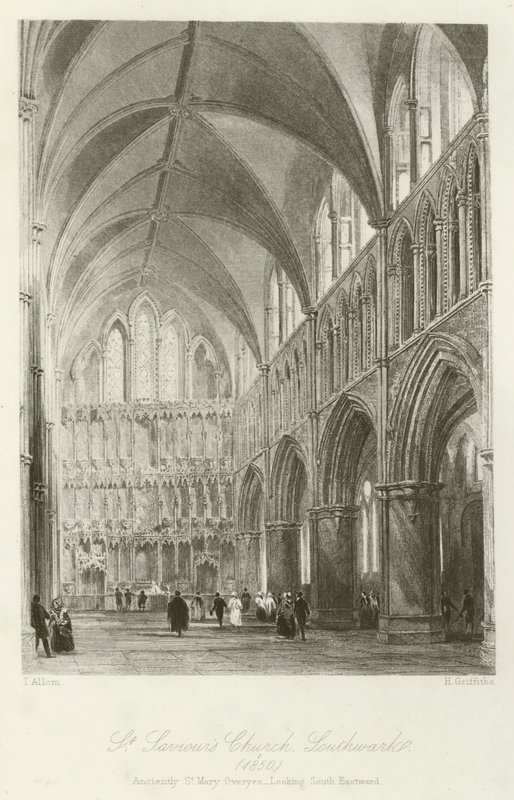 Église St Saviour, Southwark, 1850, anciennement St Mary Overyes, vue vers le sud-est - after Thomas Allom