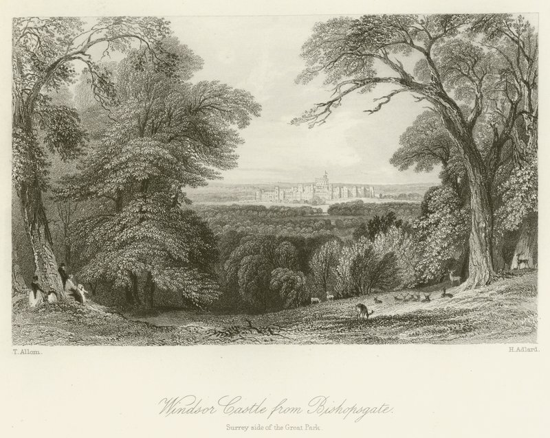 Château de Windsor depuis Bishopsgate, côté Surrey du Grand Parc - after Thomas Allom