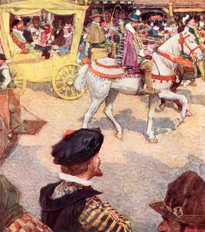 Shakespeare admire les beaux chevaux à Cheapside, Londres - after William Hatherell