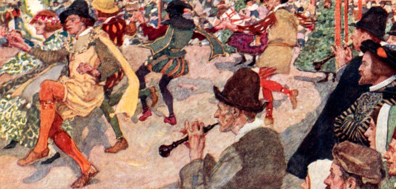 Shakespeare regarde une danse Morris au Maypole à Cornhill, Londres - after William Hatherell