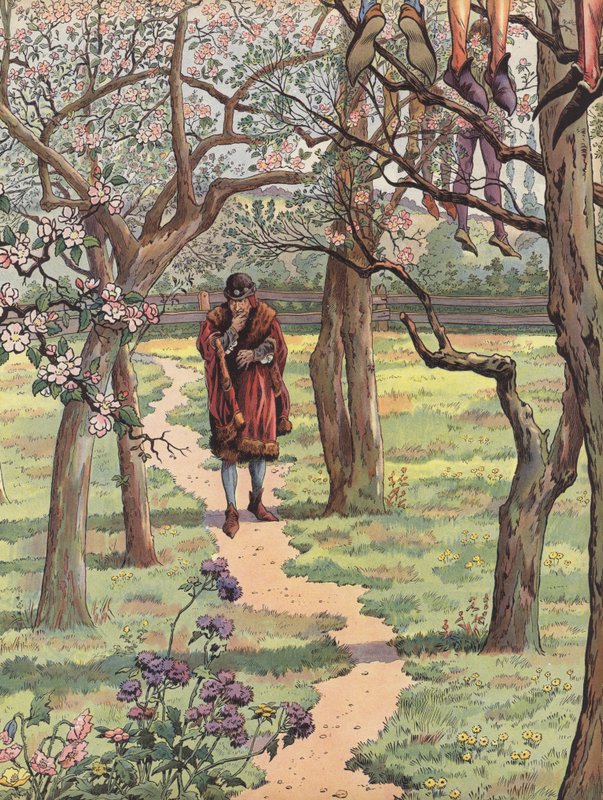 Louis XI de France marchant dans un verger au printemps avec les corps des pendus suspendus aux arbres - Onfray de Breville Job