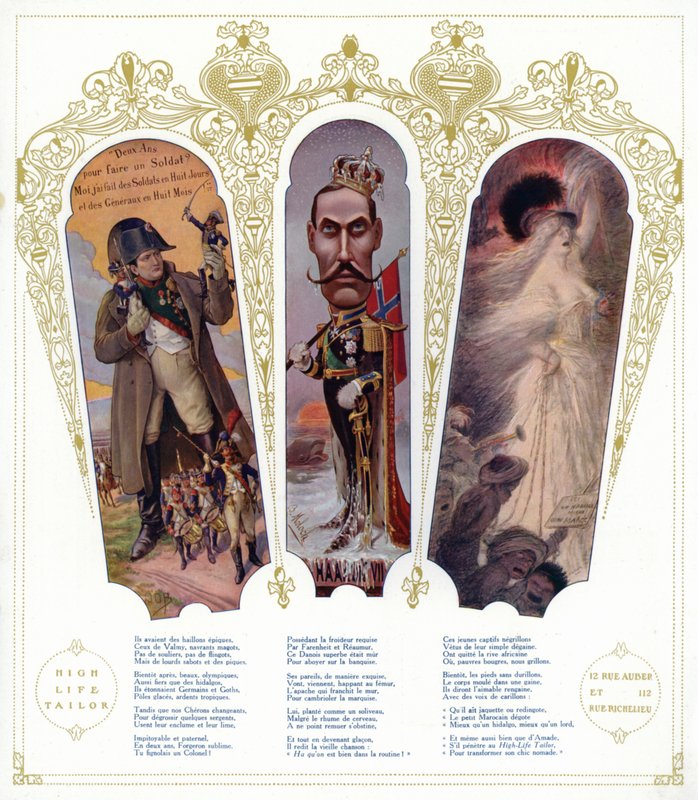 Entraînement militaire français, caricature du roi Haakon VII de Norvège et immigrants marocains en France - pseudonym for Onfray de Breville Jacques Job