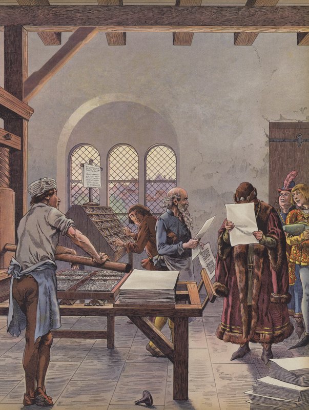Le roi Louis XI lisant un document imprimé sur une presse - pseudonym for Onfray de Breville Jacques Job
