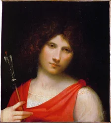 Le garçon à la flèche (peinture sur bois de peuplier)