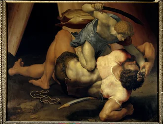 David et Goliath. Peinture sur ardoise à double face de Daniele da Volterra (1509-1566), école italienne, XVIe siècle, 1,33 x 1,72 m, Paris, musée du Louvre