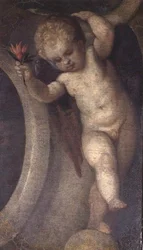 Putto avec une fleur rouge