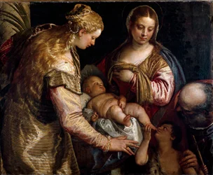 La Sainte Famille avec Sainte Barbe et Saint Jean-Baptiste. Peinture de Paolo Caliari dit Véronèse, vers 1562. Huile sur toile. Florence, Galerie des Offices