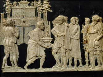 Présentation à François Ier du modèle de fontaine à Pratolino, par Jean de Boulogne alias Giambologna, carreau de cire