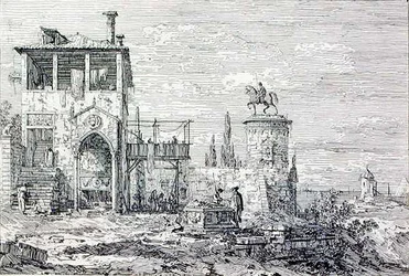 Paysage avec un monument équestre