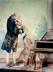 Wolfgang Amadeus Mozart (1756-1791) enfant jouant du piano avec son père Leopold. Aquarelle de Louis Carrogis Carmontelle (1717-1806), 1777, Paris, Musée Carnavalet