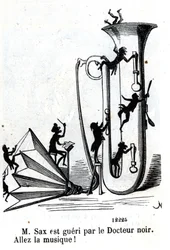 M. Sax est blessé par le médecin noir. Adolphe (Adolph) Sax, inventeur du saxophone (1814-1894)
