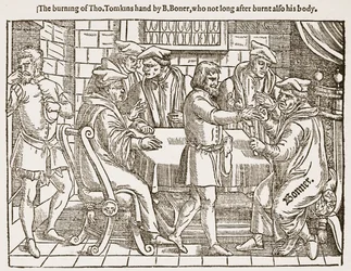 La brûlure de la main de Tho. Tomkins par B. Boner, qui peu après brûla aussi son corps, illustration de 