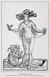 Femme et fou se titillant le pénis avec une fleur, "Le fou et la femme "", "Histoire de l