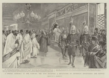 Audience spéciale au Vatican, le Pape recevant une délégation de missionnaires et de natifs abyssiniens (lithographie)