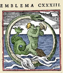 Un triton et un ouroboros, illustration "Emblemata" par Andrea Alciati