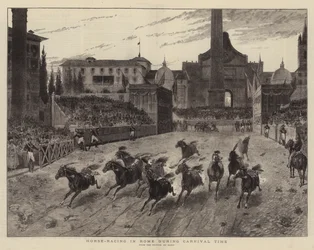 Courses de chevaux à Rome pendant le carnaval (gravure)