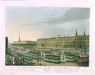 Vue de la parade et du palais impérial à Saint-Pétersbourg, illustration pour avril de 