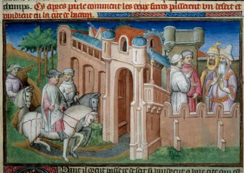 Les frères Nicolo et Matteo Polo, oncle et père de Marco Polo (1254-1324) arrivent à Boukhara, Ouzbékistan. Miniature tirée du « Livre des Merveilles » (« Devisement du monde », « Il Milione ») de Marco Polo (1254-1324) illustrée par le Maître de Bouci