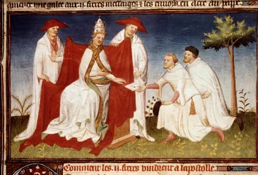 Les frères Nicolo et Matteo Polo, oncle et père de Marco Polo (1254-1324) remettent au pape Grégoire X une lettre de Qubilai (Kubilai Khan, premier empereur de la dynastie mongole Yuan (1215-1294). Miniature tirée du "Livre des Merveilles" ("Devisement du 