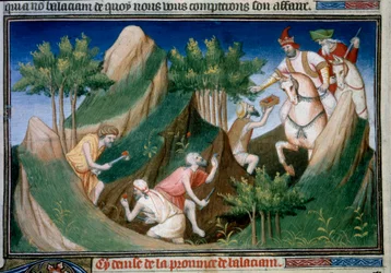 Extraction de rubis de la montagne de Sighinan par ordre du roi de Badakhchan. Miniature tirée du Livre des Merveilles (Devisement du Monde, Il Milione) par Marco Polo, illustrée par le Maître de