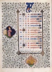 Page du manuscrit Les Très Riches Heures du Duc François de Guise enluminé par le Maître de Boucicaut : représentation des signes du zodiaque et scènes de la vie quotidienne : le lion. 15e siècle. Musée Condé, Chantilly