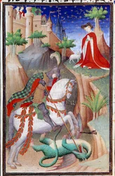 Page du manuscrit Les Très Riches Heures du Duc François de Guise enluminé par le Maître de Boucicaut : représentation de Saint Georges et le Dragon. 15e siècle. Musée Condé, Chantilly