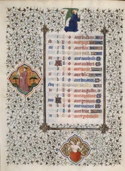 Page du manuscrit « Les Très Riches Heures du Duc François de Guise » enluminé par le Maître de Boucicaut : représentation des signes du zodiaque et scènes de la vie quotidienne : gemmes. 15ème siècle. Musée Condé, Chantilly