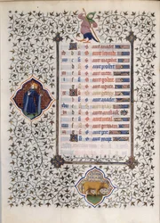 Page du manuscrit « Les Très Riches Heures du Duc François de Guise » enluminé par le Maître de Boucicaut : représentation des signes du zodiaque et scènes de la vie quotidienne : le taureau. 15ème siècle. Musée Condé, Chantilly