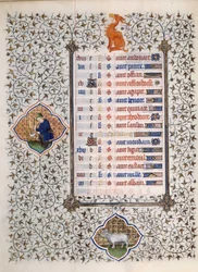 Page du manuscrit « Les Très Riches Heures du Duc François de Guise » enluminé par le Maître de Boucicaut : représentation des signes du zodiaque et scènes de la vie quotidienne : le bélier et un homme fauchant de l