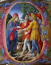 Lettrine décorée représentant la parabole des vignerons homicides (Évangile selon saint Matthieu Mt 21, 33-43) (La parabole des vignerons). Miniature de Liberale da Verona (1445-1529) provenant d