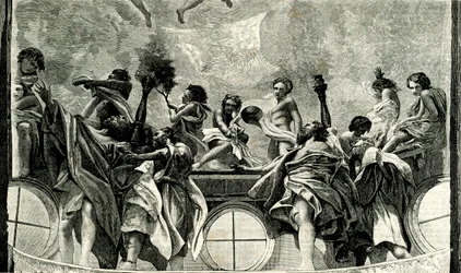 Assomption de la Vierge, détail de la fresque de Corrège, dôme de la cathédrale de Parme, Émilie-Romagne, Italie, gravure sur bois de Le cento città d
