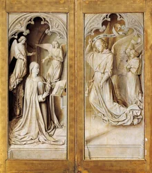 Annonciation en grisaille, ailes extérieures du triptyque retable (vers 1489-1502) par le Maître de Moulins, dans la cathédrale Notre-Dame, Moulins, France